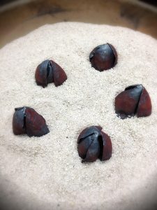 アイアンアートでバラを作るため花びらを、溶接して留めるために、カンスイに逆さに刺しています。