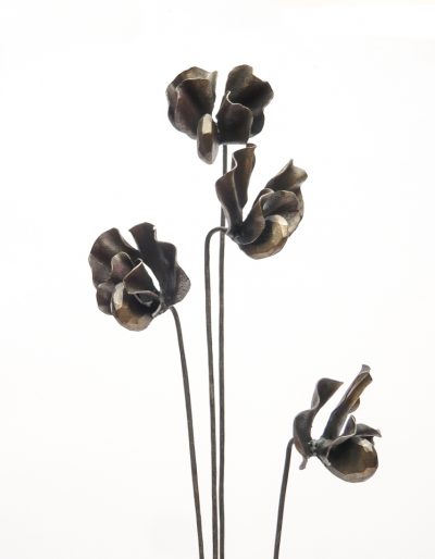 大きな鉄の弧に可憐な鉄のスイトピーが立ち上がる作品です。同じ鉄ですが硬さと柔らかさの対比が感じ取れます。花の様子。