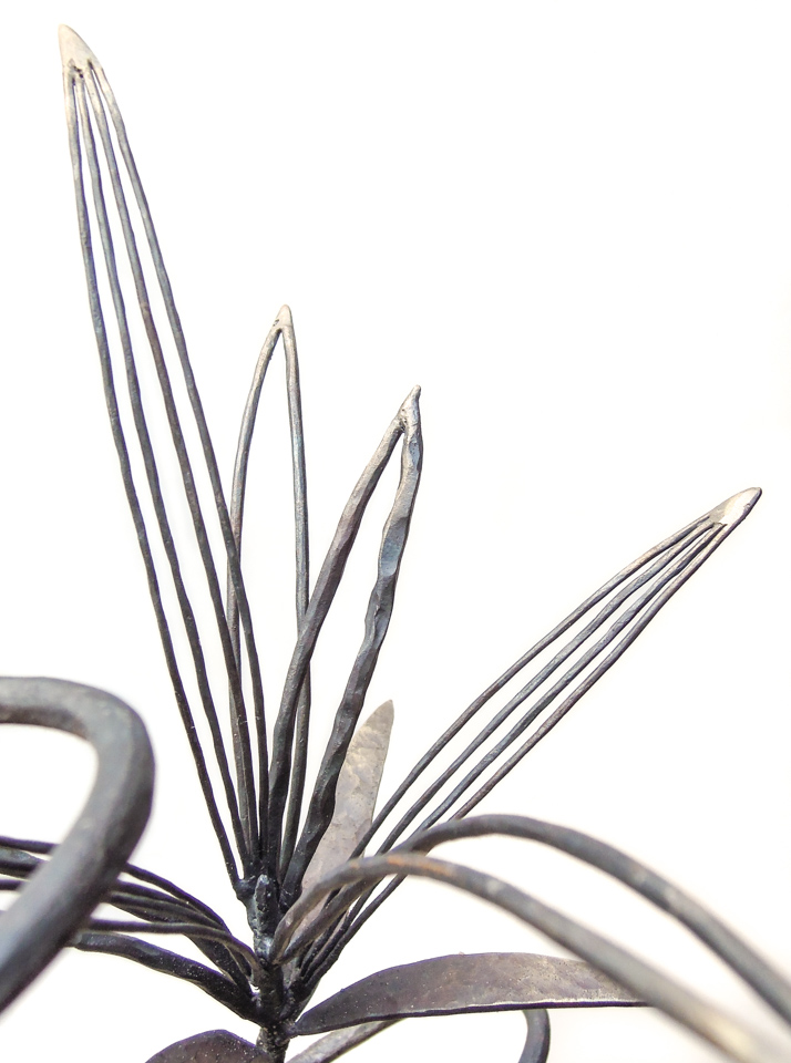 ドラセナ・サンデリアーナをモチーフにして、木と組み合わせて彫刻作品に作りました。鉄で作った葉の部分の表現。