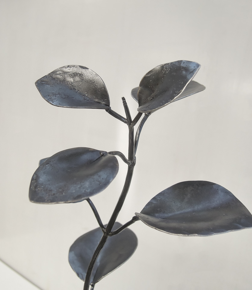 ツルニチニチソウの葉の表情。ステンレスを鍛造して柔らかい植物の感じを表現した彫刻作品です。
