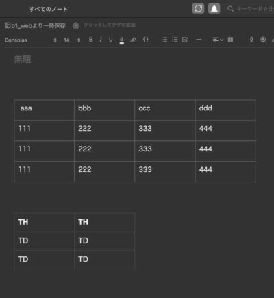 EvernoteにExcelとWebからのコピーをペーストした状態。
